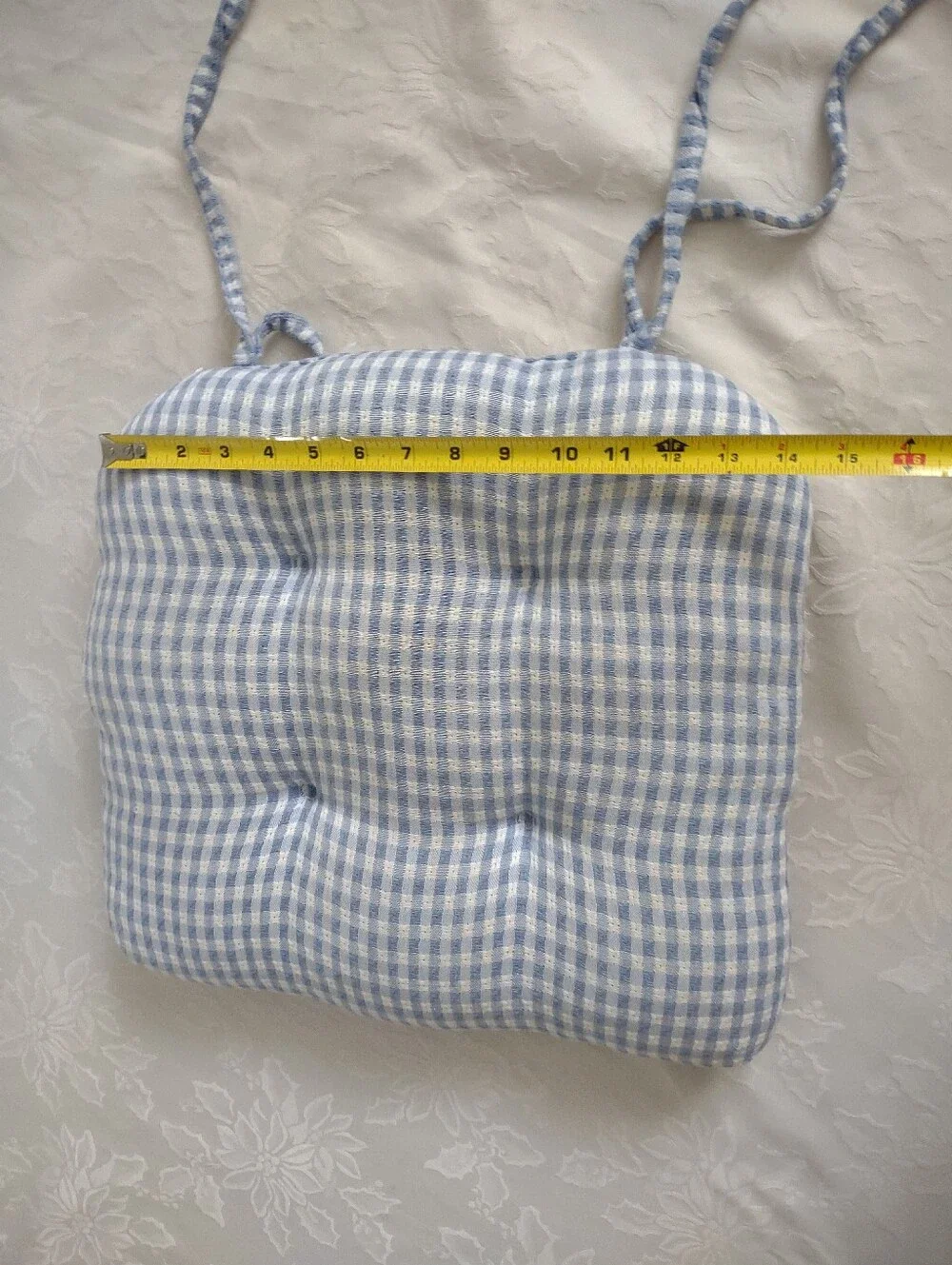 French Country Gingham Bleu Cotton Woven Tufted Chair Pad With Ties